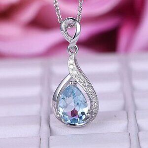 🌸 Elegant Water Drop Zircon Light Blue Hollow Silver Plated Necklace, EVGG1011